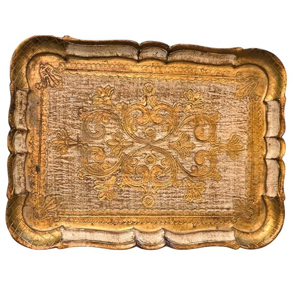 Vintage Florentine Tray Gold Gilded Italian Wooden Ornate 15.5x10.5" Rectangular - Picture 3 of 11